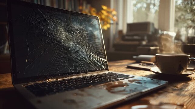 Smashed laptop screen and spilled coffee accident on wooden desk in home office