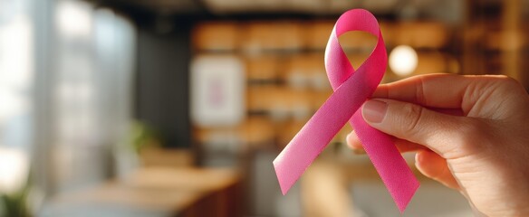 The pink ribbon held by hand symbolizing breast cancer awareness and support