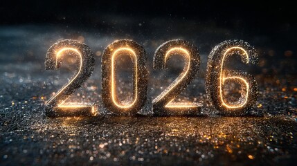 Happy New Year 2026 countdown clock on abstract glittering midnight sky with sparkling lights and bokeh copy space festive party invitation background for New Years Eve celebration