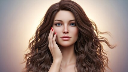 Naklejka premium Beautiful woman with long, wavy brown hair and striking blue eyes looks softly ahead