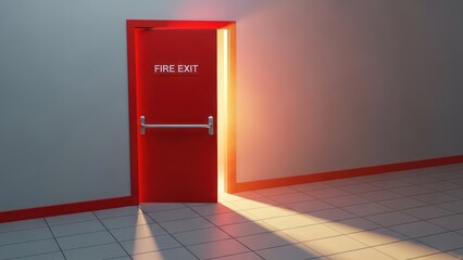 Bright light shines through a red fire exit door in a tiled hallway