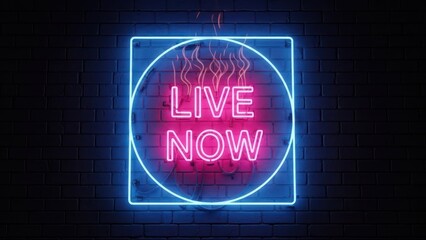 Blue neon circle and square outlines a pink "LIVE NOW" text on brick wall