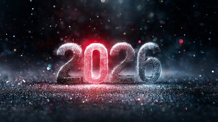 Happy New Year 2026 countdown clock on abstract glittering midnight sky with sparkling lights and bokeh copy space festive party invitation background for New Years Eve celebration