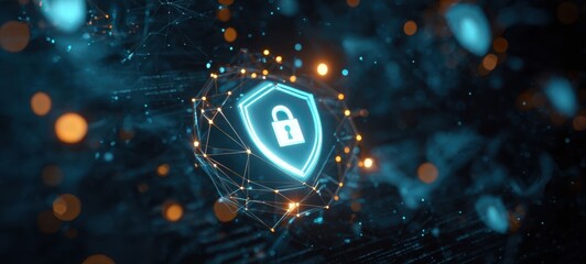 The Shield of Digital Security Surrounded by Glowing Network Nodes and Particles