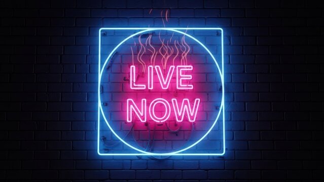 Blue neon circle and square outlines a pink "LIVE NOW" text on brick wall - Powered by Adobe