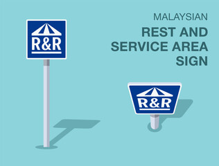 Traffic regulation rules. Isolated Malaysian "rest and service area" road sign. Front and top view. Flat vector illustration template.