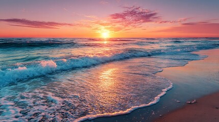 Happy New Year 2026 sunrise over ocean waves on tranquil beach shore with golden morning light festive coastal holiday celebration background