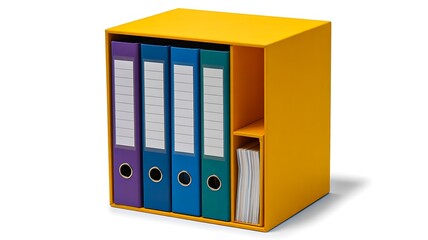 Office document organizer with colorful binders and folders isolated on white
