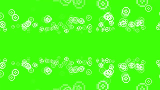 hite pixel art circles animation moving as border on green screen. Retro 8-bit coins or gears flowing for chroma key overlay, gaming, and technology interface frame.