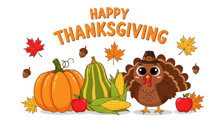 Fototapeta premium Cheerful autumn harvest celebration with a cute cartoon turkey, pumpkins, gourds, and vibrant fall leaves, perfect for seasonal greetings and festive designs