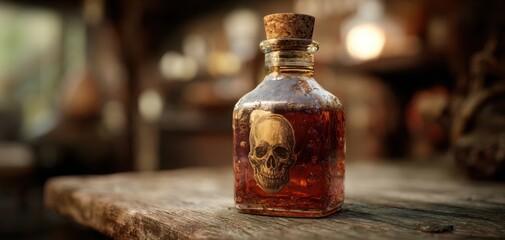The Bottle with Skull Emblem of Dangerous Potion on Rustic Wooden Table