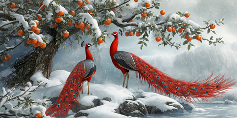 Charming peacocks stand by a tree with hooves on a snowy day