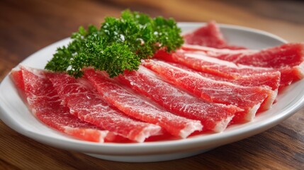 Fototapeta premium Delicate slices of raw meat are arranged neatly on a white plate, accompanied by a fresh green garnish. This is perfect for a meal or any cooking preparation.