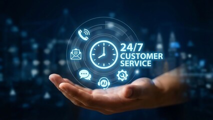 Hand holding 24/7 customer service and global support interface with phone and chat icons