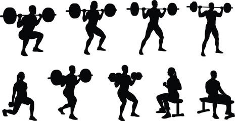 Weightlifting silhouette poses, strength training vector, gym exercise illustration, barbell and dumbbell workout, fitness form guide, black and white