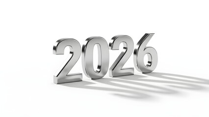 Shiny metallic numbers 2026 casting long shadows on a white background