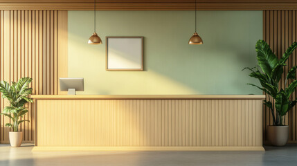 Real estate office reception counter mockup front interior registration copy space desk design indoor decoration front view decoration three-dimensional