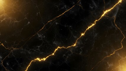 Abstract black marble with glowing golden veins and light effects