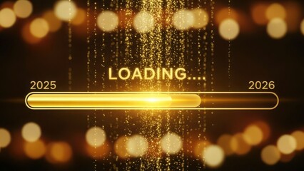 New year loading bar transitioning from 2025 to 2026 with golden sparkles