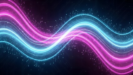 Vibrant neon waves of pink and blue light flowing across a dark background