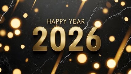 Golden 2026 celebration with blurry lights and marble texture background