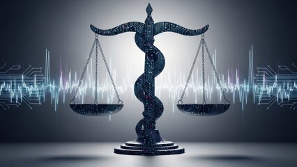 Digital scale of justice, circuit patterns with glowing light, modern depiction