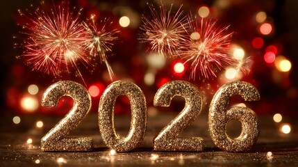 Happy New Year 2026 celebration with glowing 2026 numbers gold and dark red bokeh lights festive fireworks holiday party greeting background