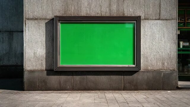 Green Screen Bulletin Board Embedded in Stone Building Facade with Subway Tile Sidewalk and Moderate Lighting for Adobe Stock Use