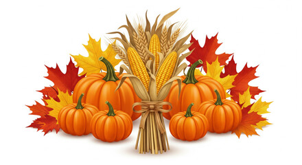 Naklejka premium Autumn harvest display with pumpkins, corn, wheat, and colorful maple leaves on a white background.