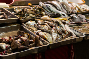 Close Up Assorted Fresh Catch Fish Display At Market Stall Selection