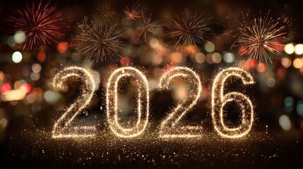 Happy New Year 2026 celebration with glowing 2026 numbers gold and dark red bokeh lights festive fireworks holiday party greeting background