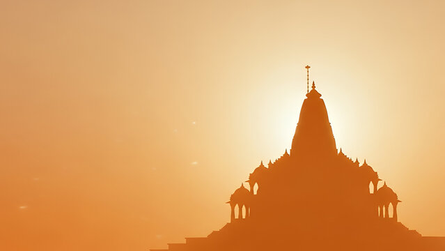 Swaminarayan spiritual, soft saffron gradient, mandir shikhar silhouette with gentle divine light