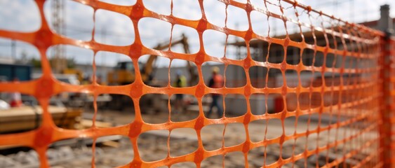 Orange construction safety fence mesh with blurred site background. Plastic barrier grid texture. Panoramic view