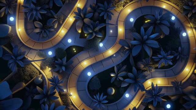 Aerial View of Winding Illuminated Road Through Tropical Night Forest.