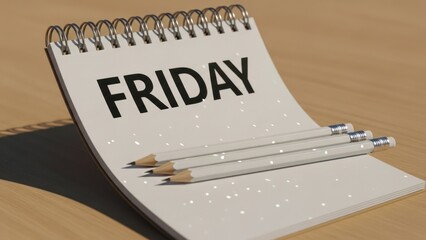 Friday marked on a spiral notepad, with 3 pencils on a wooden desk