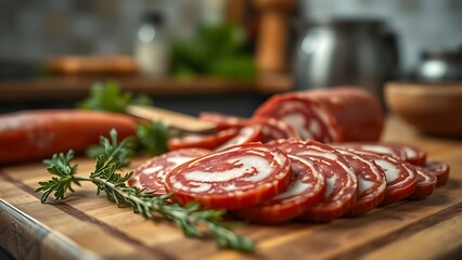 calabrese. Close-up of sliced Calabrese sausage on a wooden cutting board. menu design, packaging mockups, designed for food delivery and cloud-kitchen brand materials, inspires cooking.