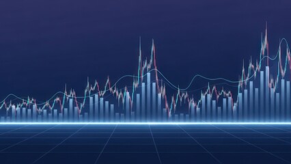 Glowing blue stock market chart with rising trend, bars and data grid display