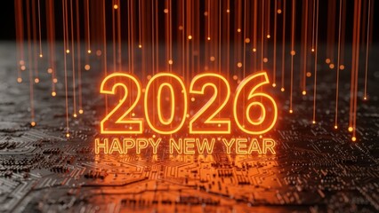 Glowing "2026 Happy New Year" over a circuit board with light strands