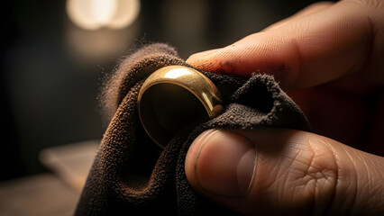 Close-up view of a craftsman's hand meticulously polishing a gleaming golden ring with a dark fabric cloth.