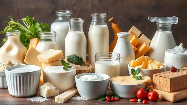 persulfide. Assortment of fresh dairy products arranged in beautiful showcase. menu design, packaging mockups, designed for culinary blogs and recipe cards for restaurants.