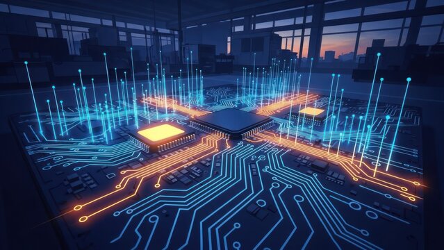 Glowing circuit board and city backdrop - Powered by Adobe