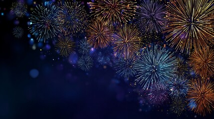 Happy New Year celebration with sparkling glitter and colorful fireworks in night sky festive holiday party background for greeting cards banners and social media design