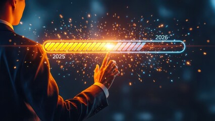 Man interacting with futuristic digital loading bar and data stream