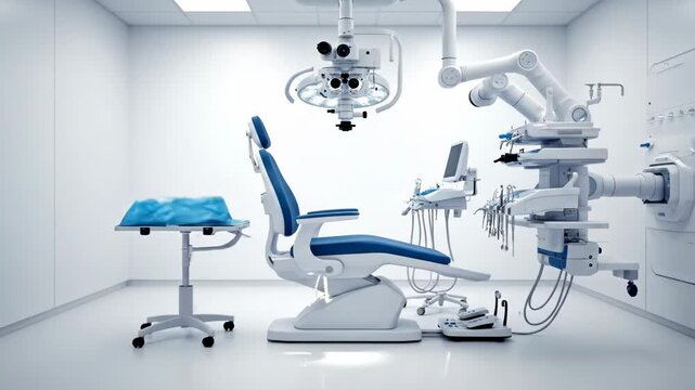 This video showcases a modern, sterile medical operating room. Advanced dental and surgical equipment materializes in the clean, white space.