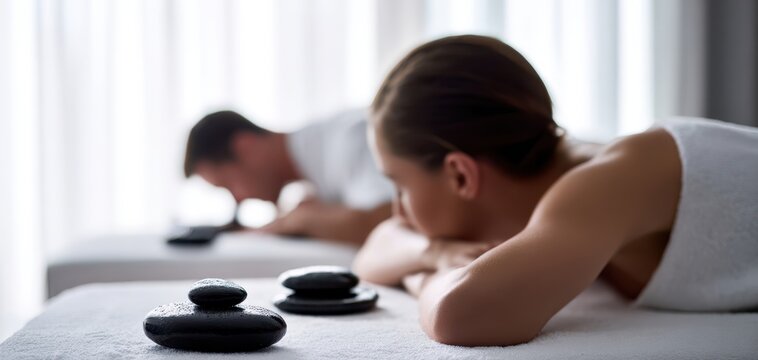 The couple relaxing during a hot stone massage in a serene spa setting - Powered by Adobe