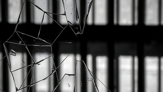 universalism. A broken glass pane with the blurred shadow of prison bars behind it. wellbeing guides, coaching materials, designed for mental health education and mindfulness programs.