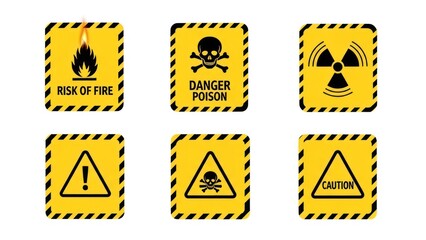 Obraz premium Hazard warnings fire, poison, radiation, caution signs on a white backdrop