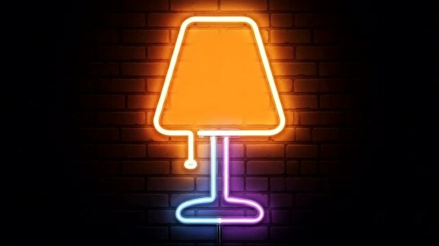 Glowing retro neon table lamp illuminating a vintage brick wall