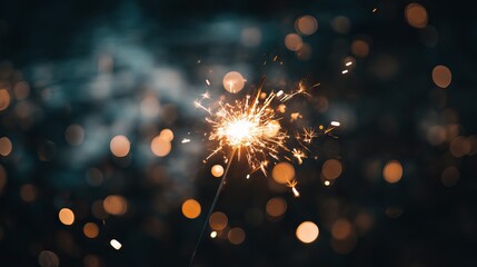 Naklejka premium Burning sparkler in the dark with golden bokeh lights festive celebration background with cinematic moody lighting for holiday party decor and warm glowing atmosphere