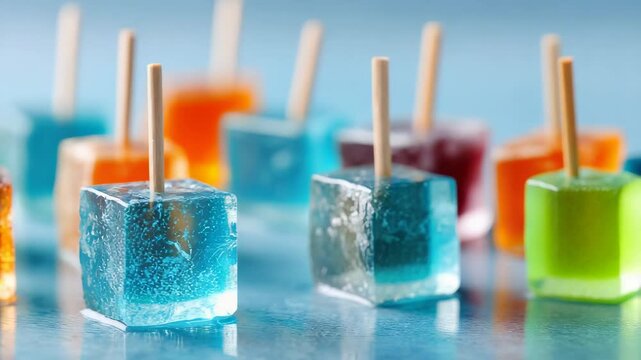Colorful Frozen Ice Cubes on Sticks with Pastel Blue Background and Reflections Displaying Orange Red Blue Green and Purple Colors in Studio Light